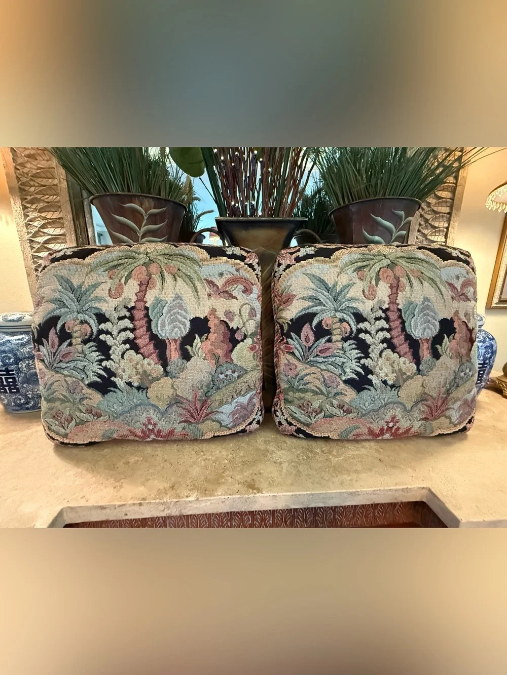 Vintage Aubusson Tapestry Needlepoint Palm Tree Pillows 18x18 - Pair